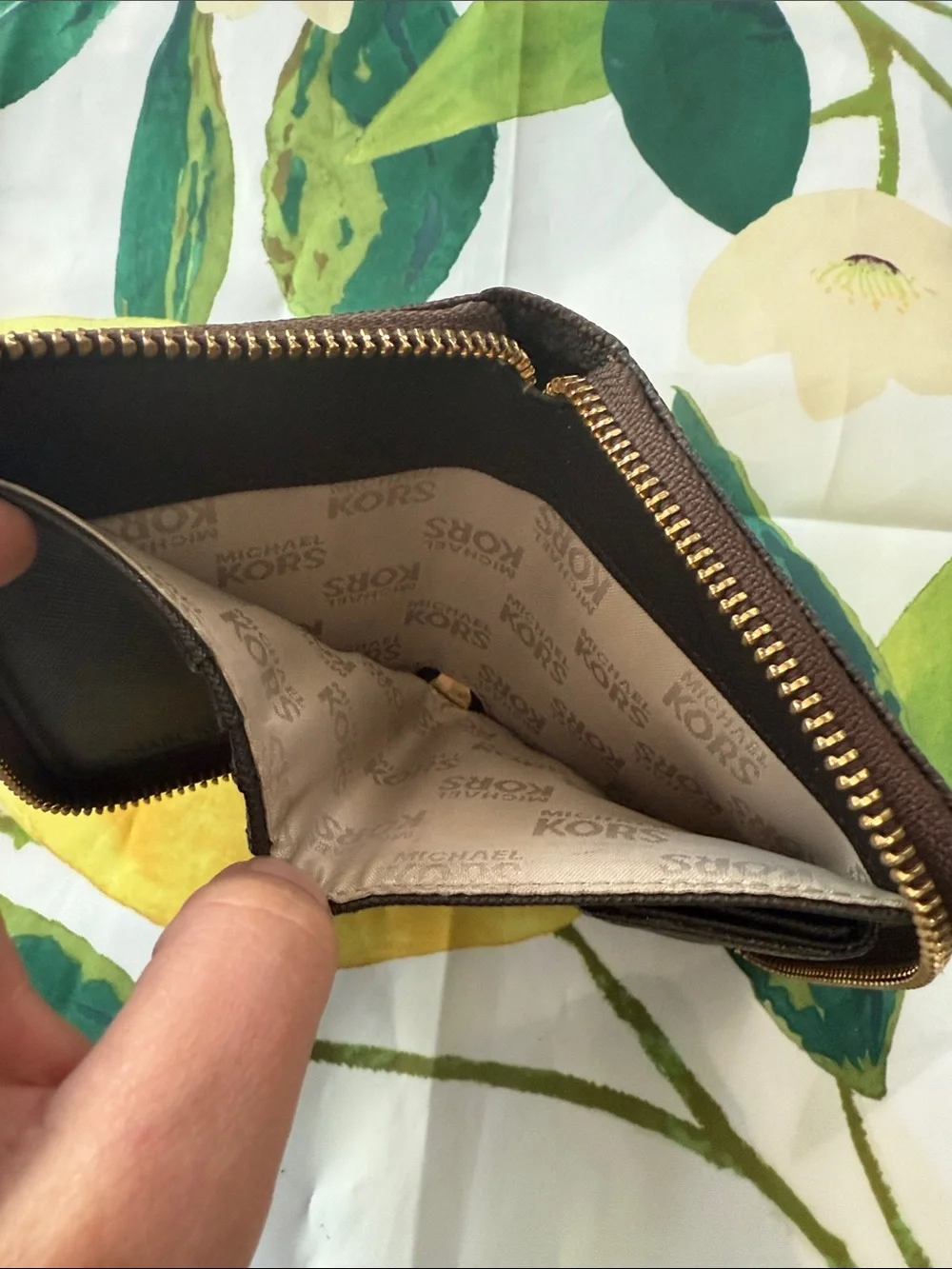Michael Kors Dark Brown Coated Canvas Zip Card Holder with Gold Plate